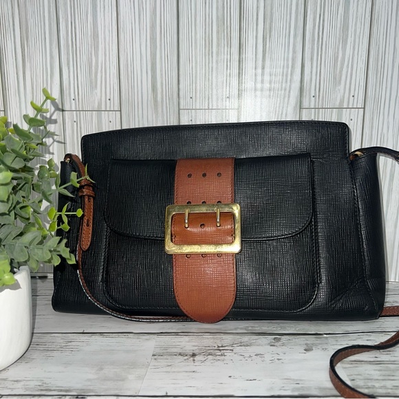 Burberry Vintage Black Leather Crossbody Bag with Brown Buckle Strap Designer - Picture 1 of 10